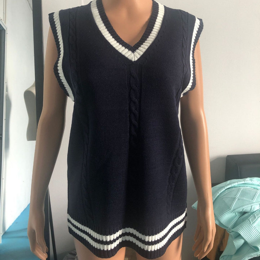 Women's Waistcoat V-neck Striped Stitching Casual Knitted Sweater