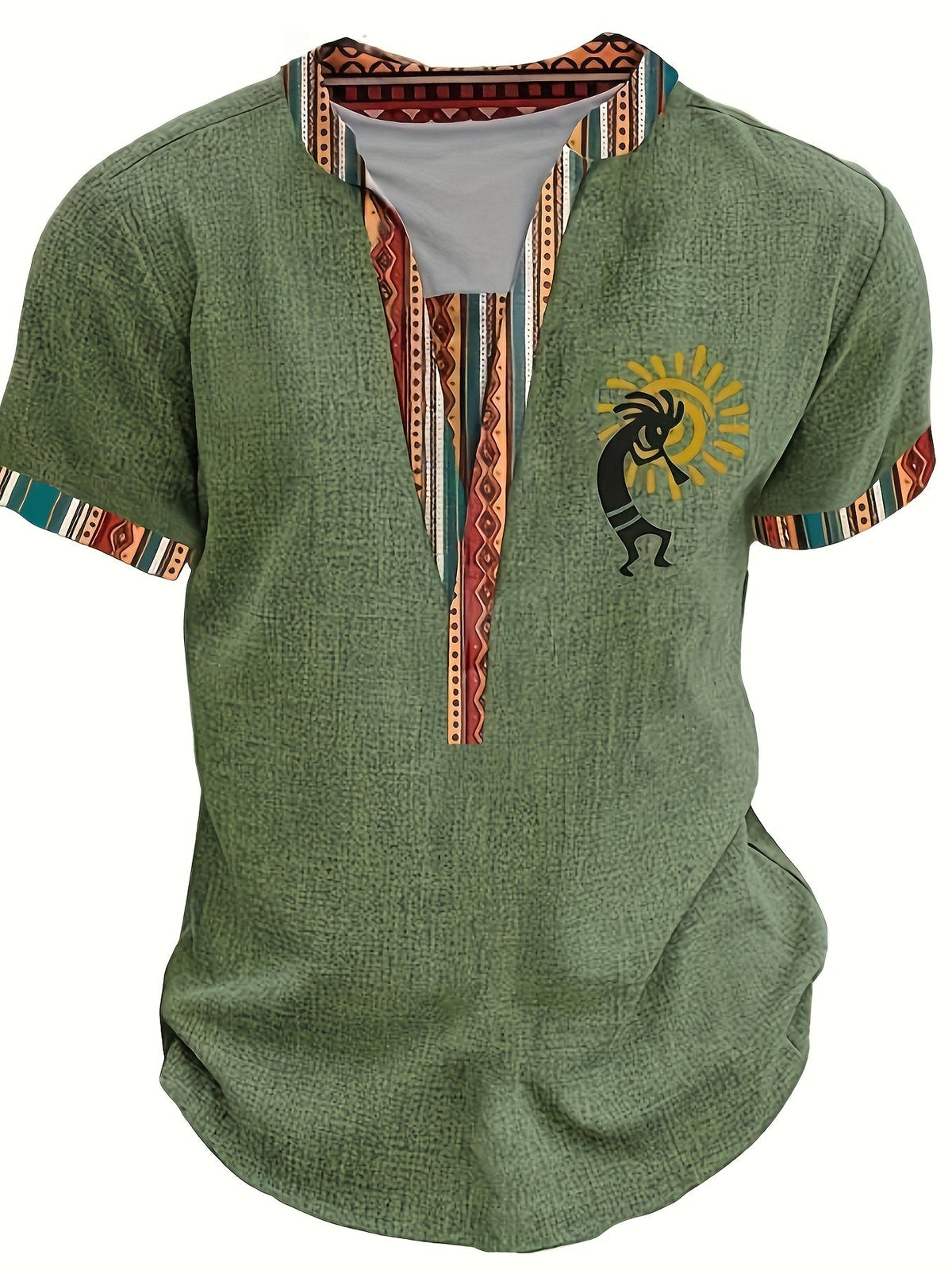 Men's Stylish Green Henley Shirt with Vibrant Tribal Pattern - Casual Short Sleeve V-Neck Tee for Summer, Polyester Knit Fabric, Casual V-neck Shirt