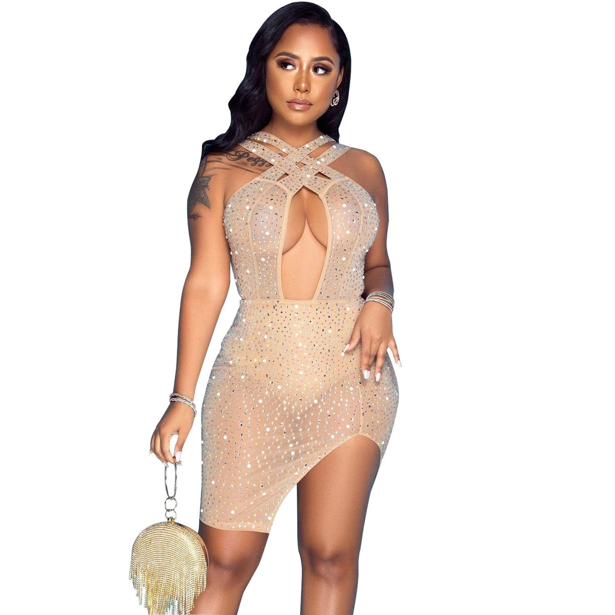 Women's Sexy Mesh Hot Drilling Nightclub Party Dress