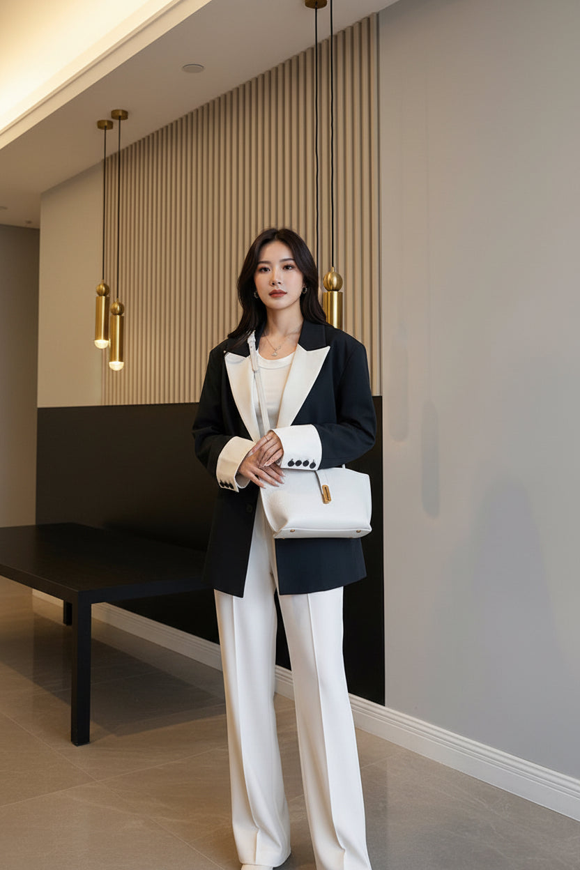 Person holding a white handbag with gold accents indoors