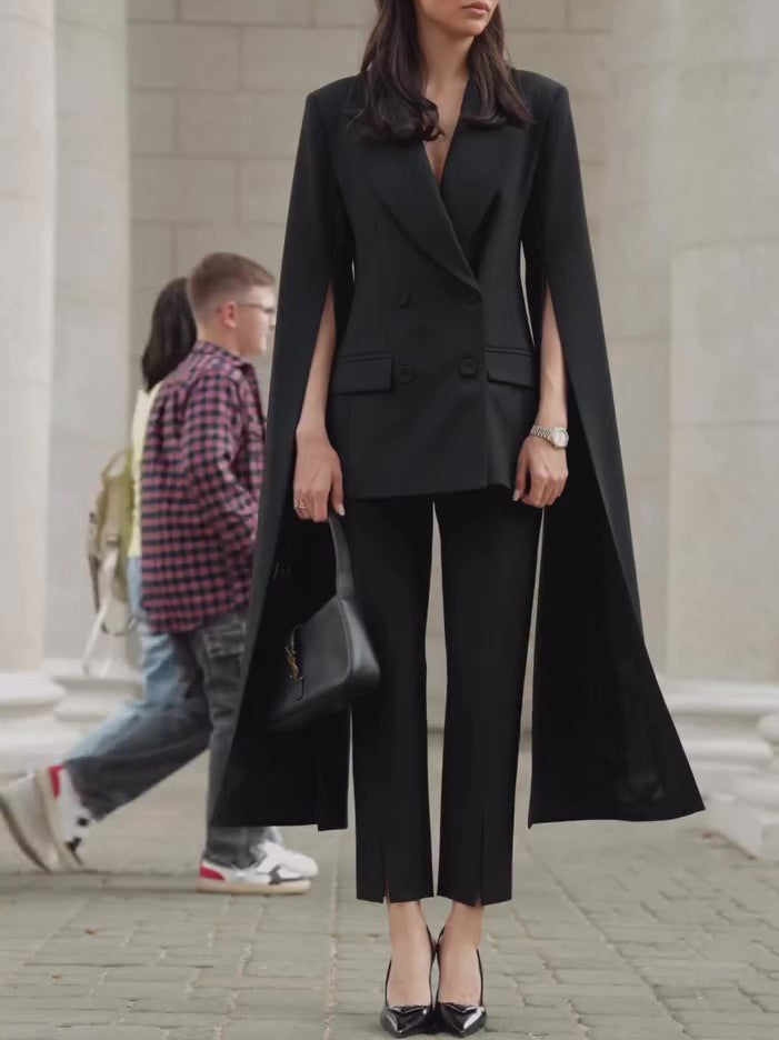 Black Cape Blazer Suit With Cropped Pants Set