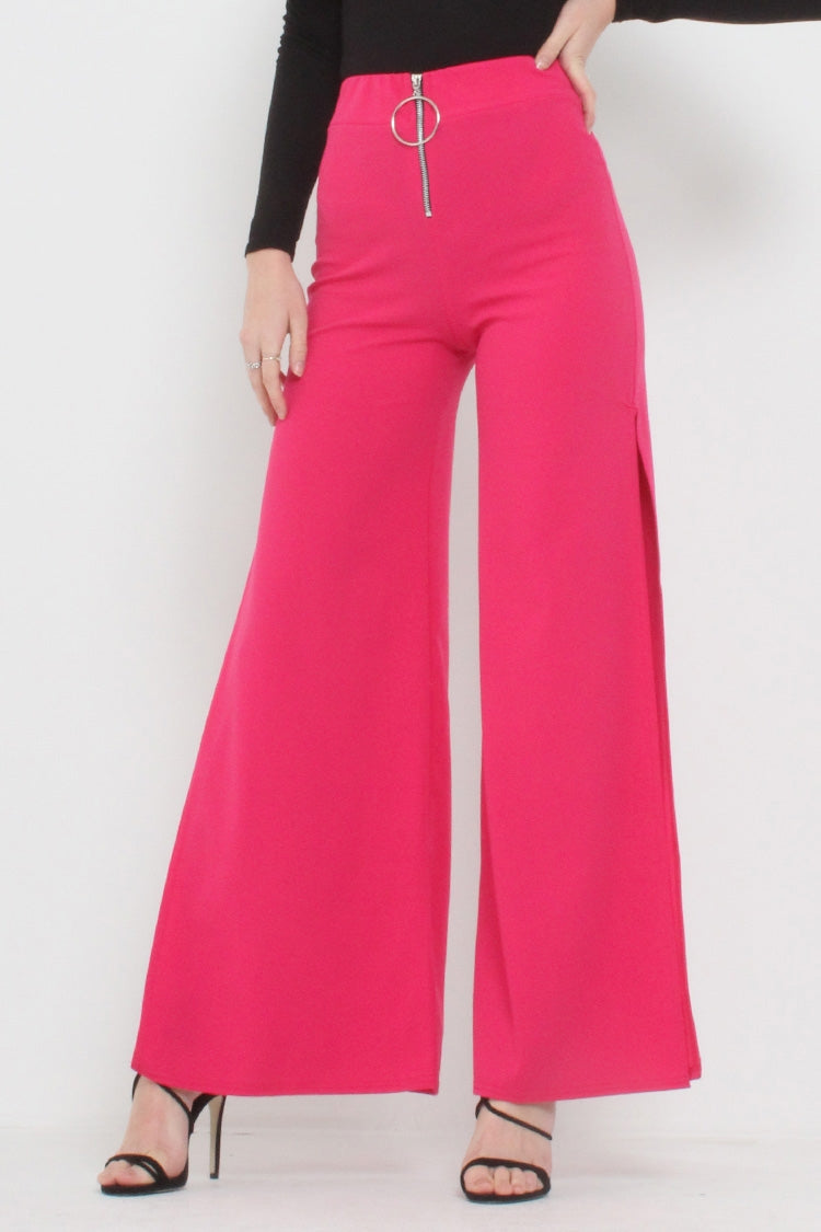 Side Split Zip Front Wide Leg Trousers