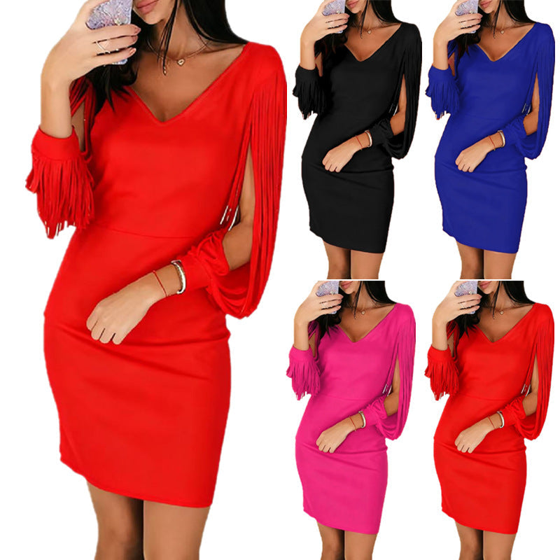 V-neck Tassel Long-sleeve Mini Sheath Party Dress