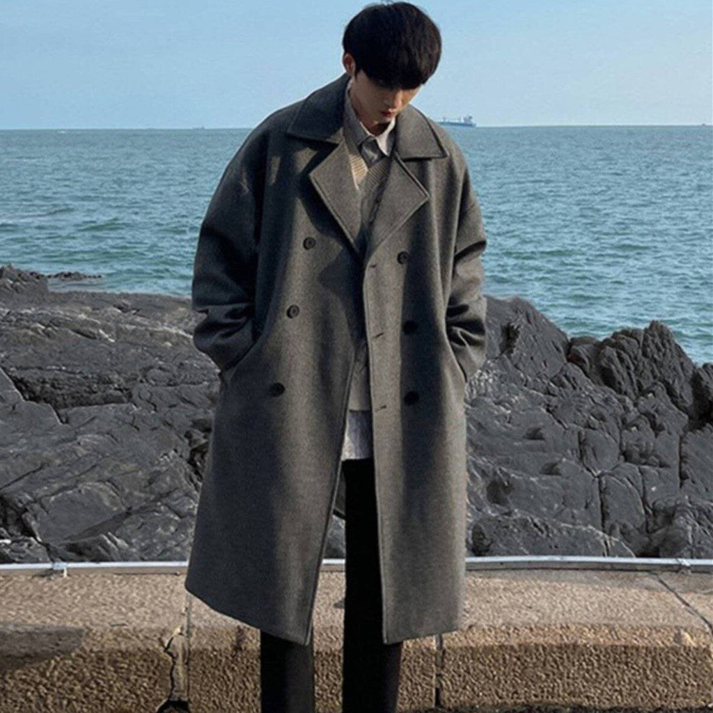 Winter Woolen Men's Mid-length Over-the-knee Suit Collar Double Breasted Woolen Trench Coat Thickened