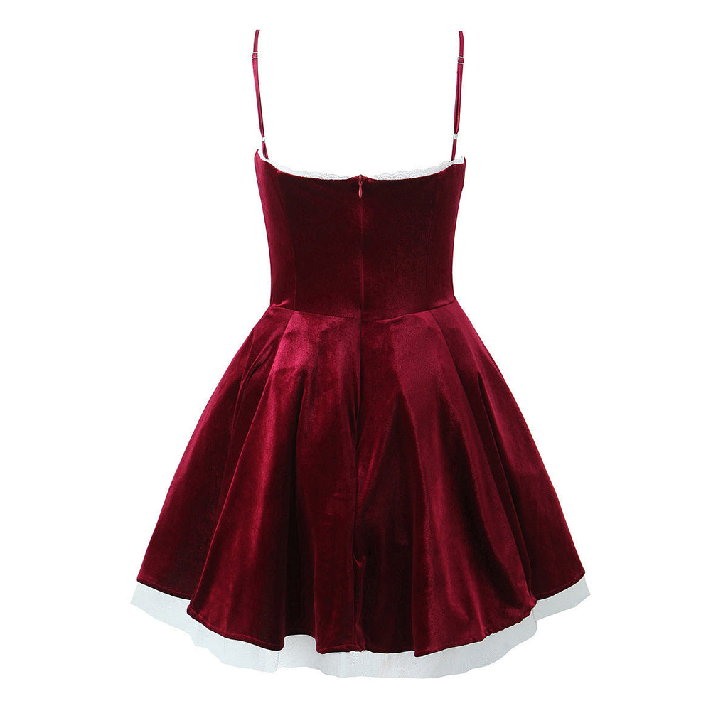 High-end Velvet Slip Dress With A Cinched Waist And Voluminous Skirt