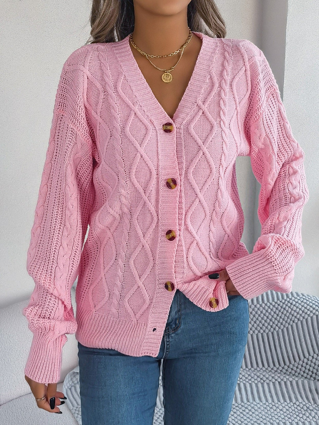Women Casual V-Neck Lantern Sleeve Cable Knit Button Cardigan Sweater