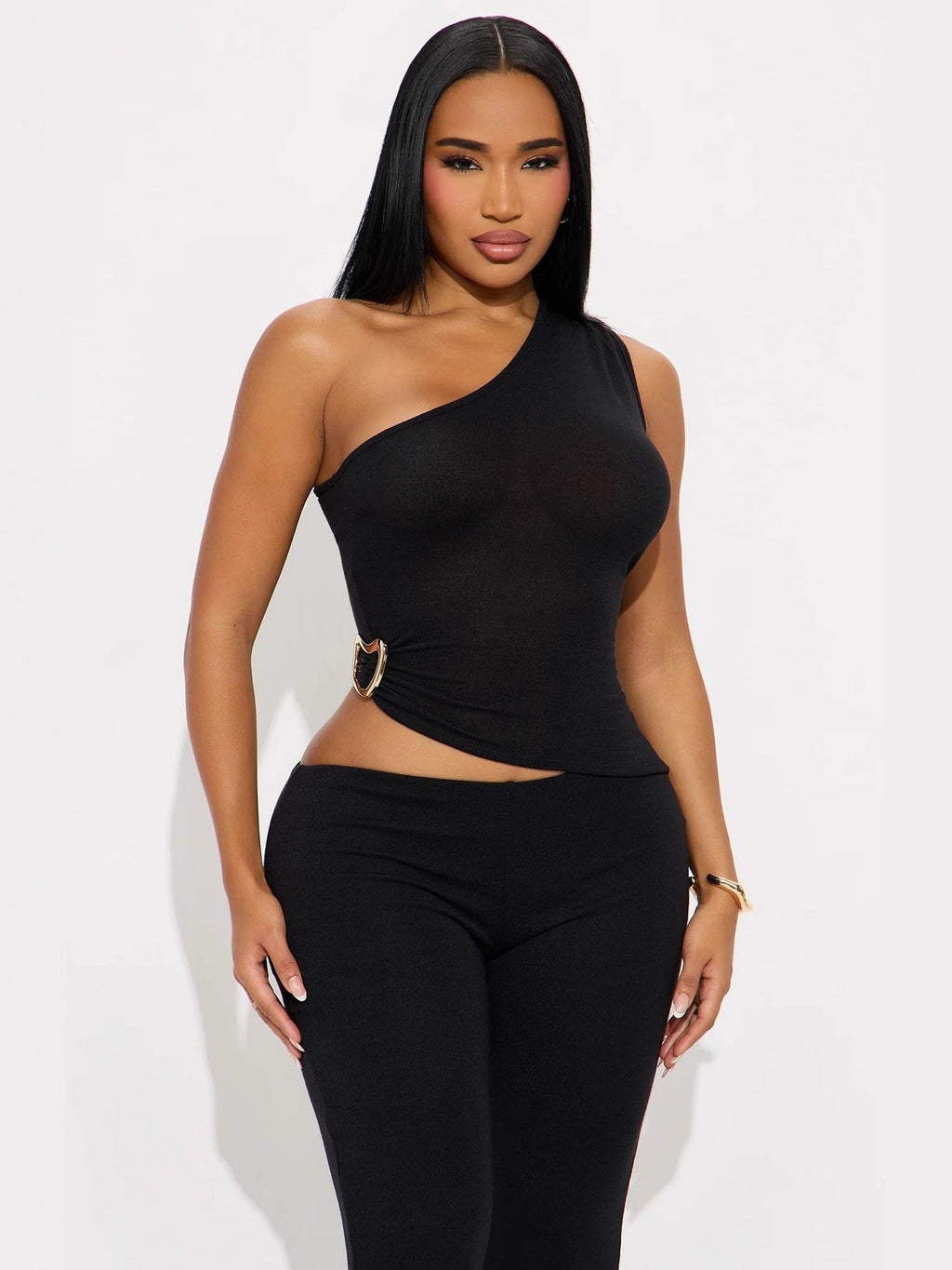 Fashionable Solid-Color Slim-Fit Asymmetrical-Neck Tops And Pants Set That Flatters Your Figure