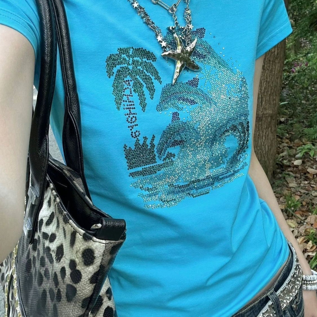 Blue Slim-fit Short-sleeve T-shirt Women's Summer Base Top