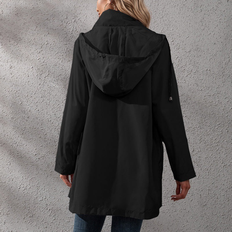 Casual Mid-length Zipper Waterproof Hooded Trench Coat