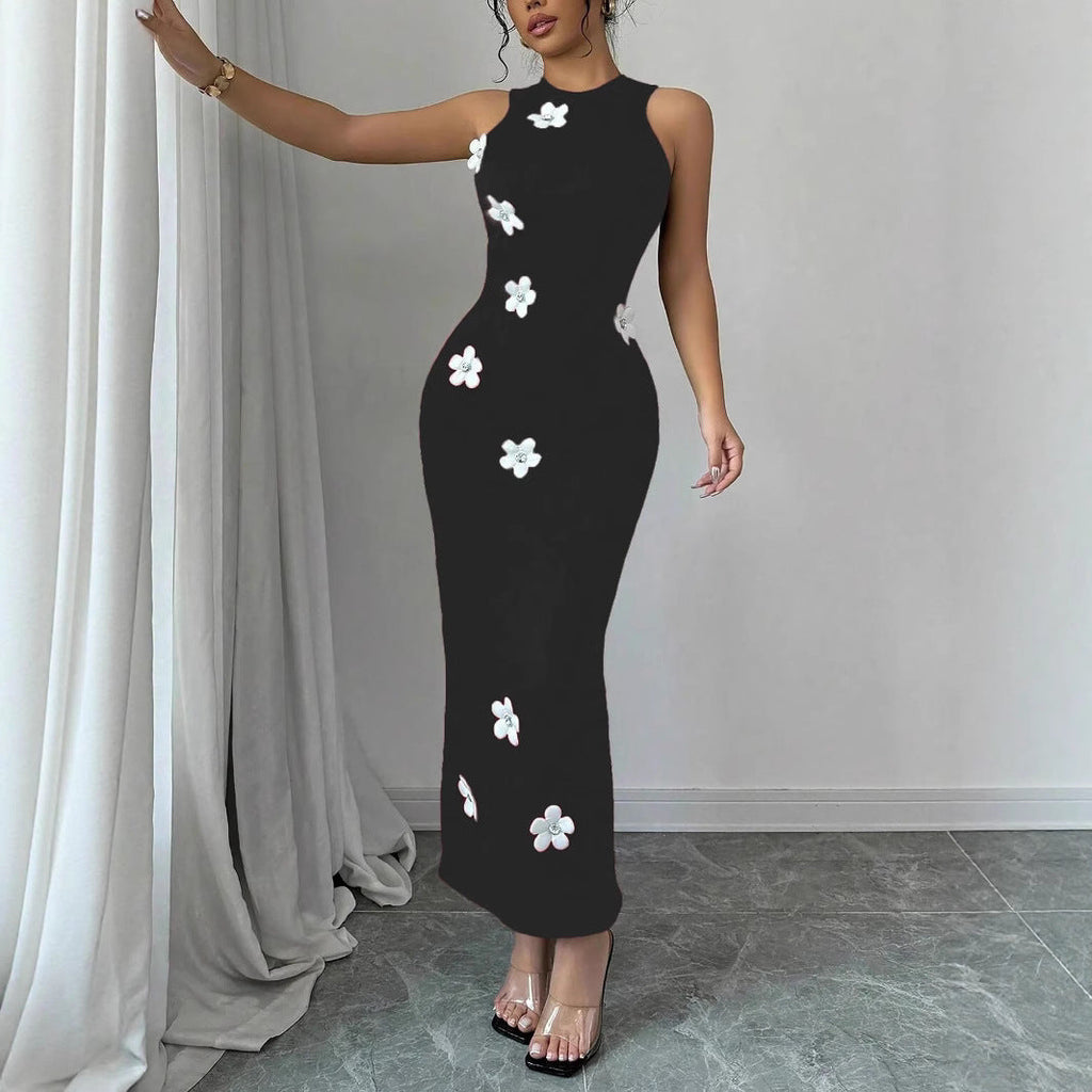 Women's Slim-fit Sleeveless Fashionable Floral Round-neck Dress