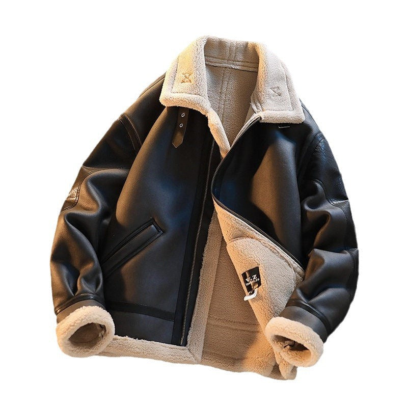 Men's Winter Fleece-Lined Thickened Kamela PU Leather Lamb Wool Integrated Cotton Jacket