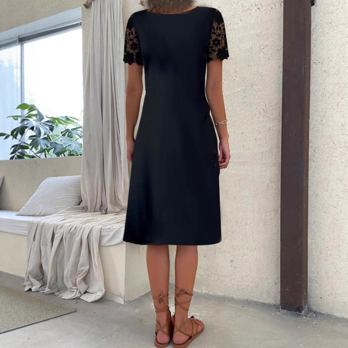 Fashionable Short-sleeve Square-neck Dress With Lace Trim