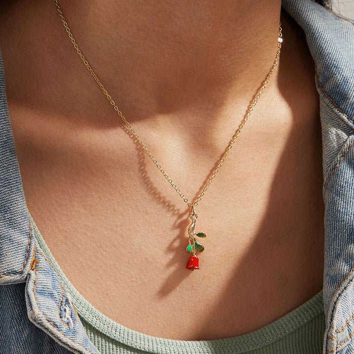 Elegant Drop Red Rose Flower Pendant Necklaces