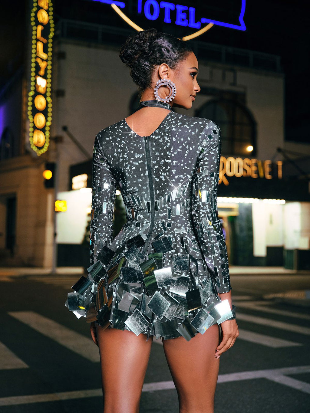 Ella Long Sleeve Embellished Mini Dress In Black