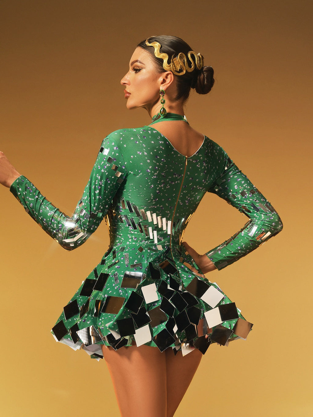 Ella Long Sleeve Embellished Mini Dress In Green