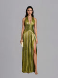 Elvian Halterneck Pleated Split Maxi Dress