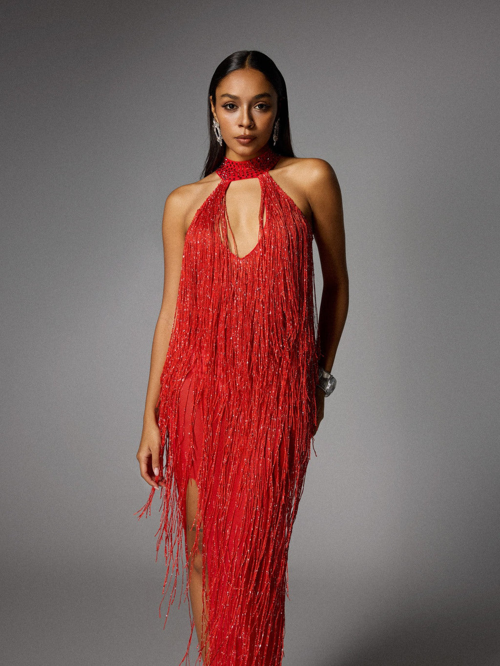 Elvrik Halterneck Fringe Cutout Split Maxi Dress In Red