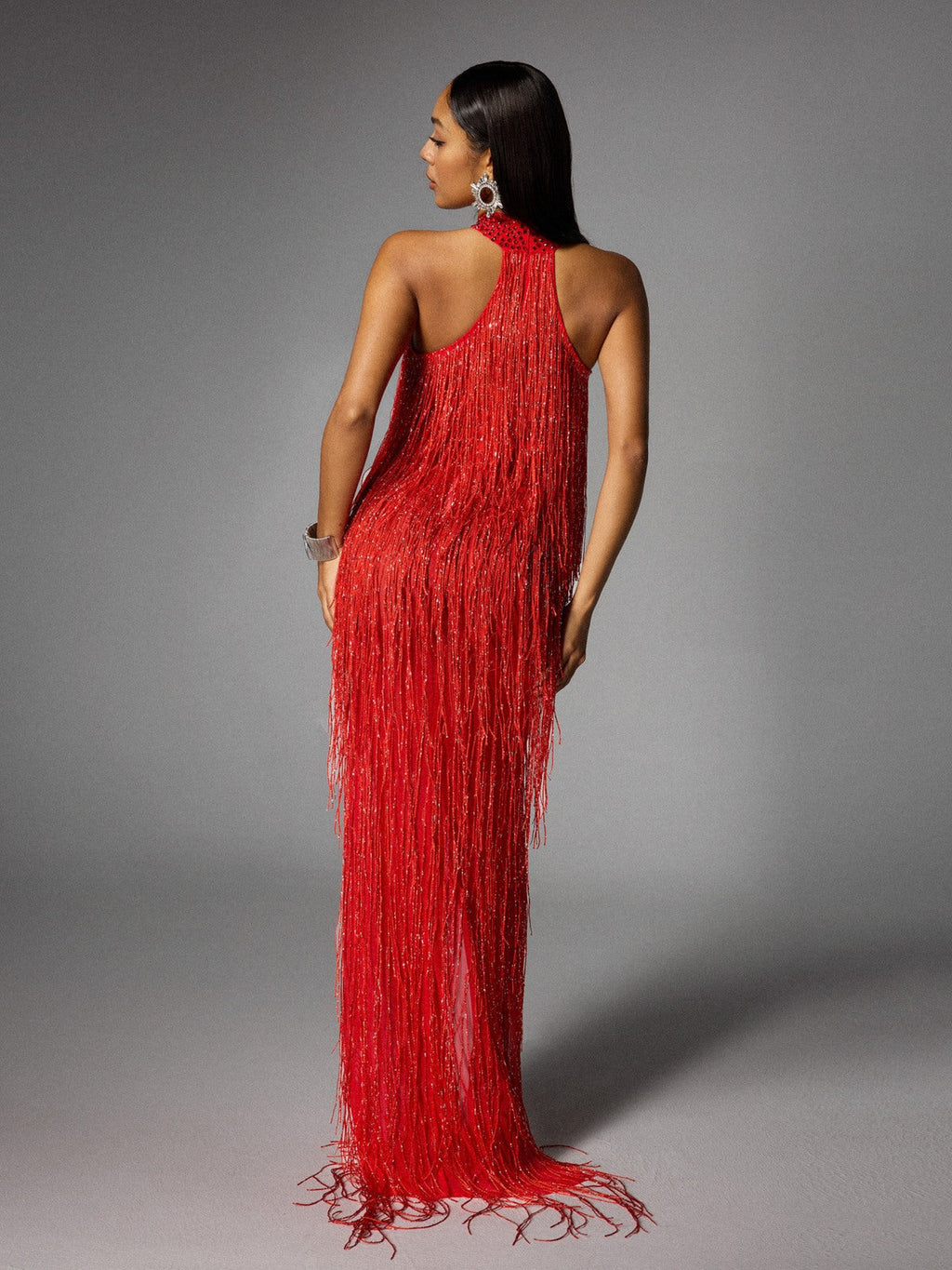 Elvrik Halterneck Fringe Cutout Split Maxi Dress In Red