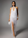 Elvrik Halterneck Fringe Cutout Split Maxi Dress In White