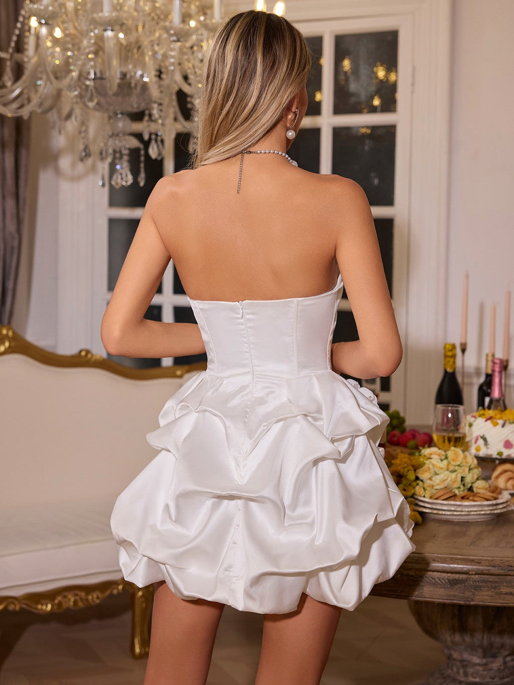 Erika Strapless Flower Satin Mini Dress