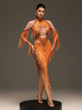 Ervanel High Neck Fringe Diamond Bodysuit