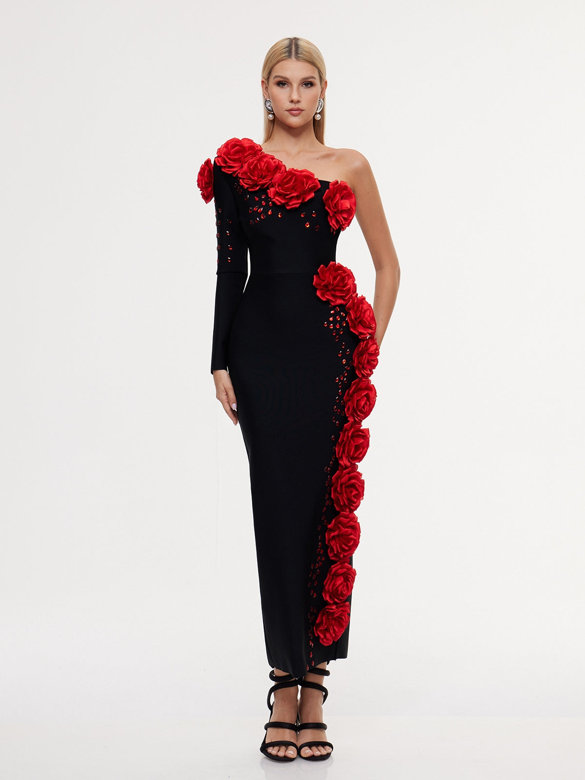 Execra One Shoulder Flower Bandage Maxi Dress