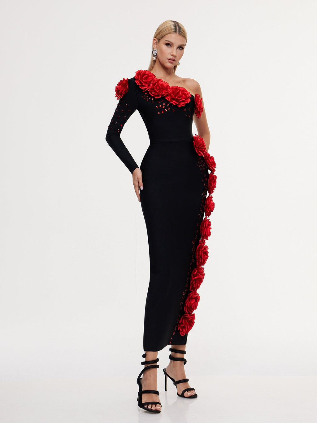 Execra One Shoulder Flower Bandage Maxi Dress