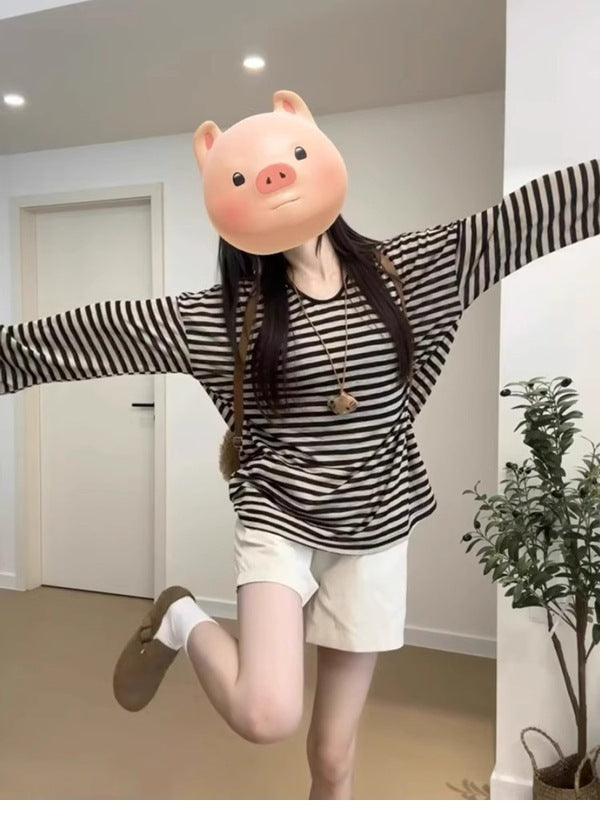 Sun Protection Loose Long Sleeve Women's Striped Mid-length Top