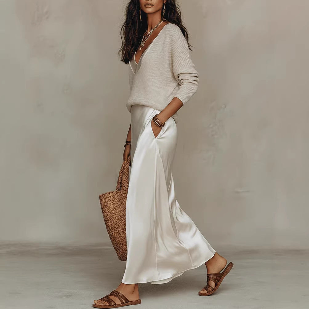 Women's Chic Satin Maxi Dress 2 Pieces Sets Sexy Straps Sleeveless Long Sleeve Top Evening Dresses Elegant New Party Street Gown