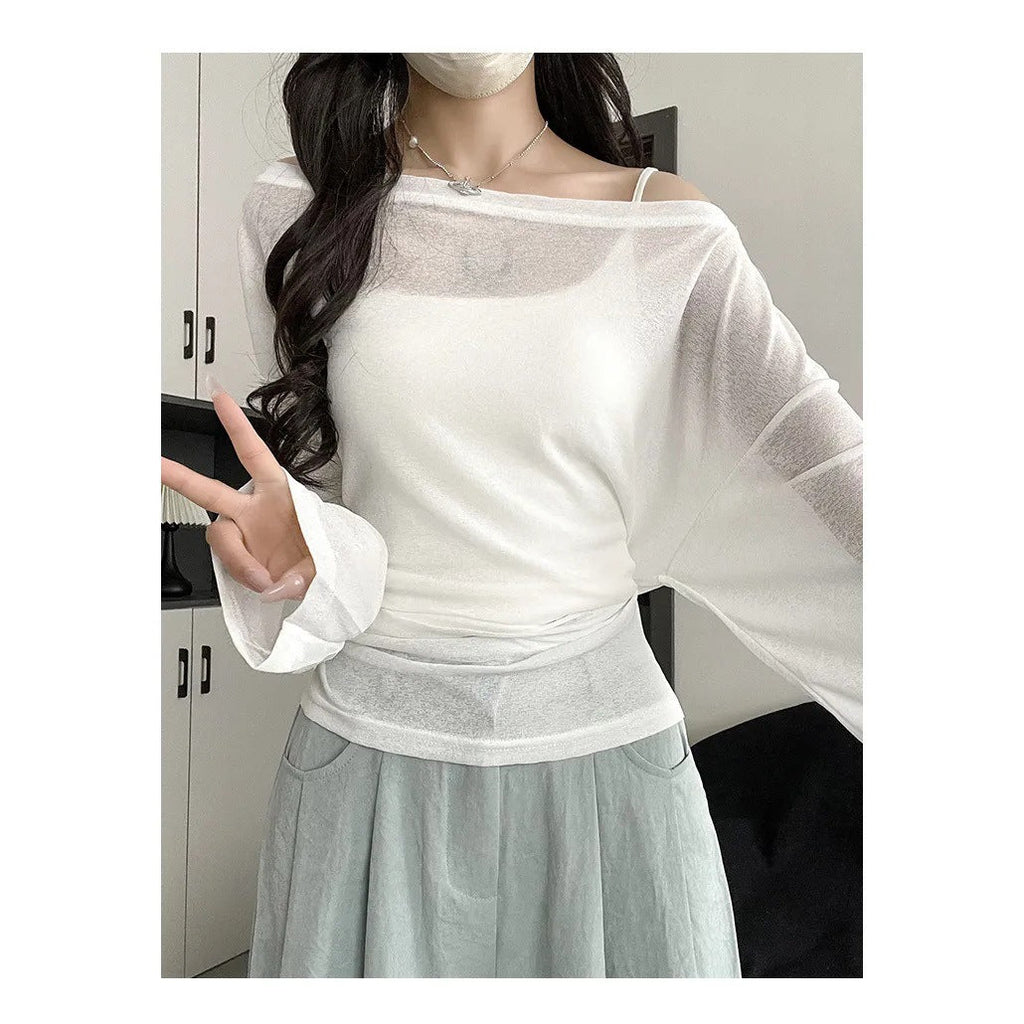 Outerwear Slightly Sheer Air-conditioning T-shirt With A Fitted Waist And Off-the-shoulder Design