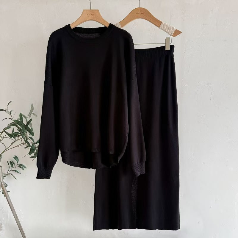 Women's Wear AutumnWinter Solid Color Simple Long-Sleeve Fashionable Casual Knitted Set