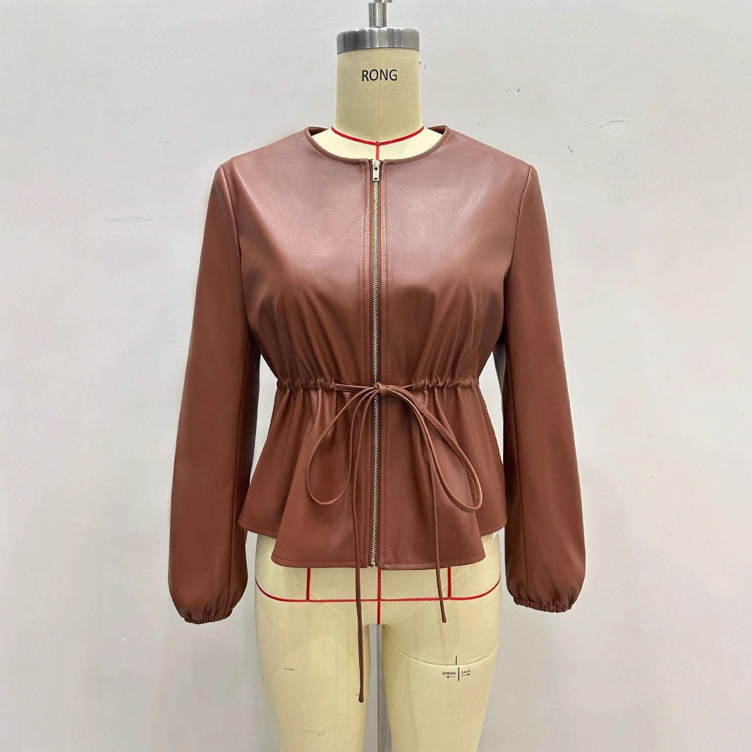 Round Neck Brown Drawstring Short Long Sleeve Leather Coat