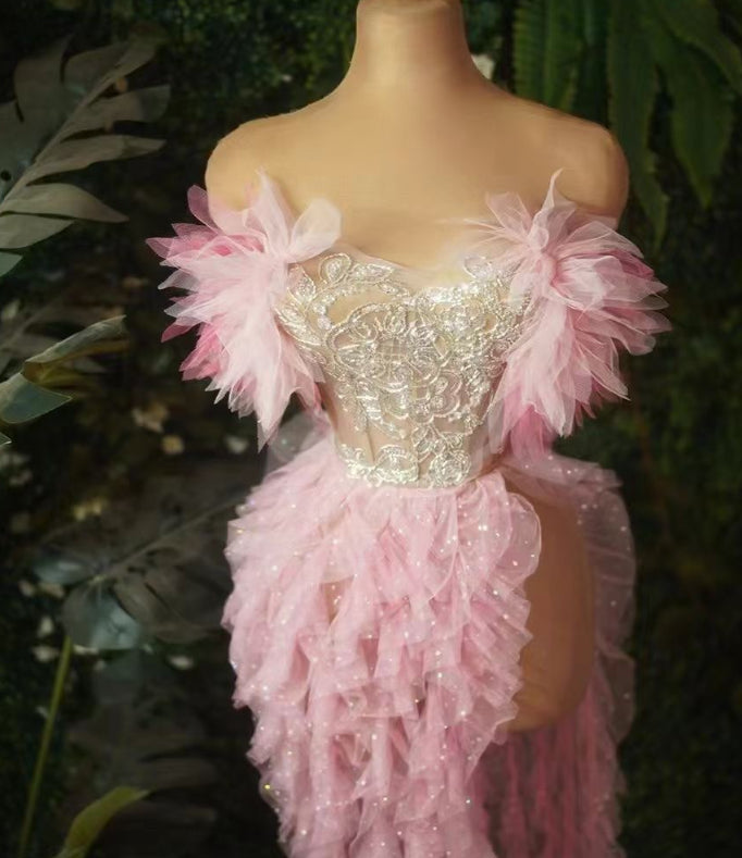 High-end Socialite Long Dress Sheer Mesh Fabric With Openwork Strapless Gown
