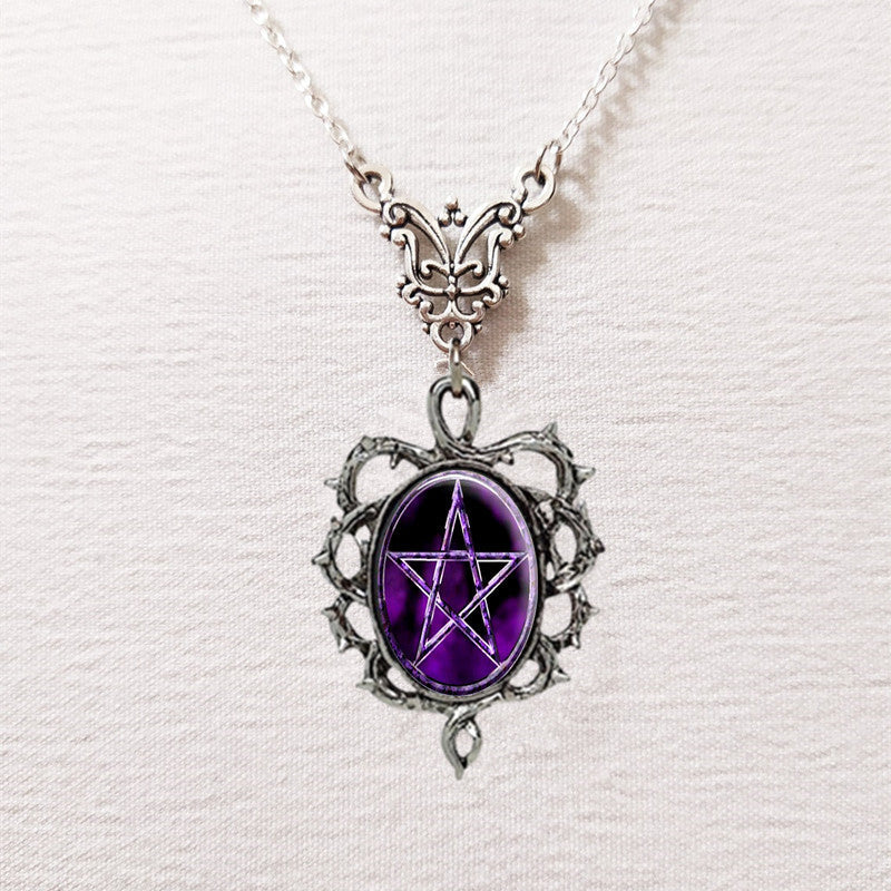 Unisex Purple Pentagram Pendant Necklace with Thorn Frame