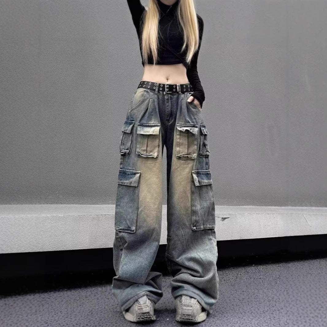 Multi-pocket Loose Multi-pocket Washed Distressed Pants
