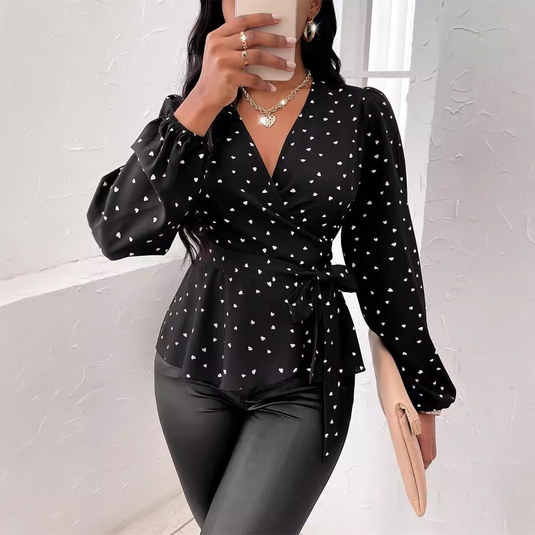 Women's V-neck Heart Shape Printed Cross Collar Drawstring Shirt