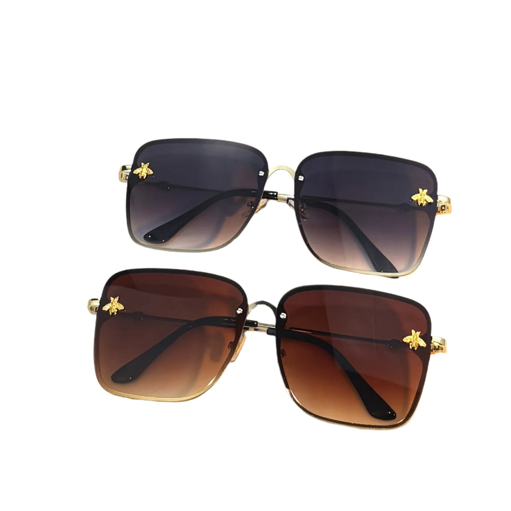 ZXRCYYL Fashion Square Glasses with Bee Detail, Metal Frame, Gradient AC Lens, Unisex Eyewear