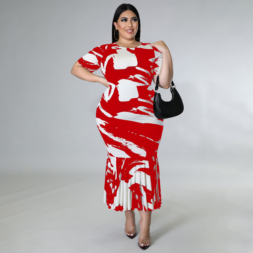 Women's Crew-Neck Short-Sleeve Ruffle-Trim Printed Plus-Size Dress