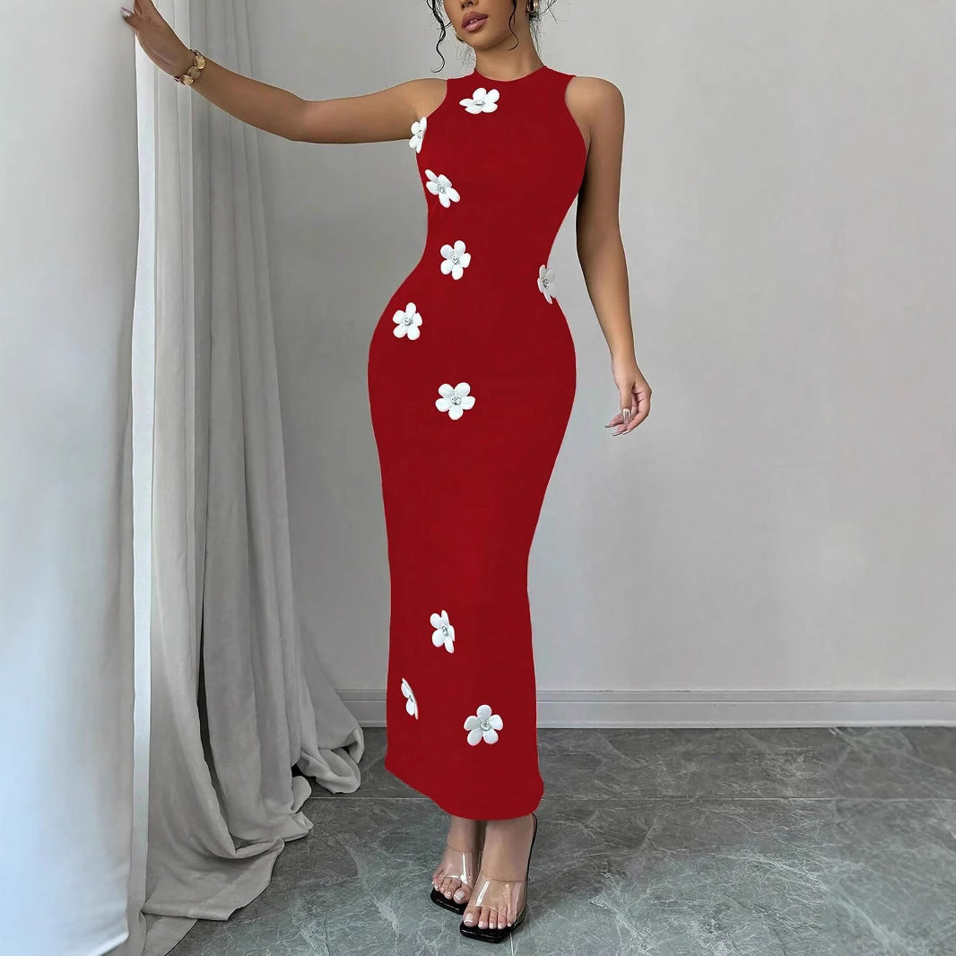 Women's Slim-fit Sleeveless Fashionable Floral Round-neck Dress