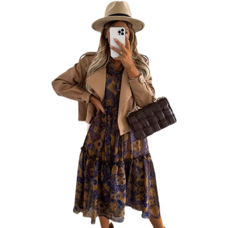 New Long-sleeved Mid-length Printed Dress