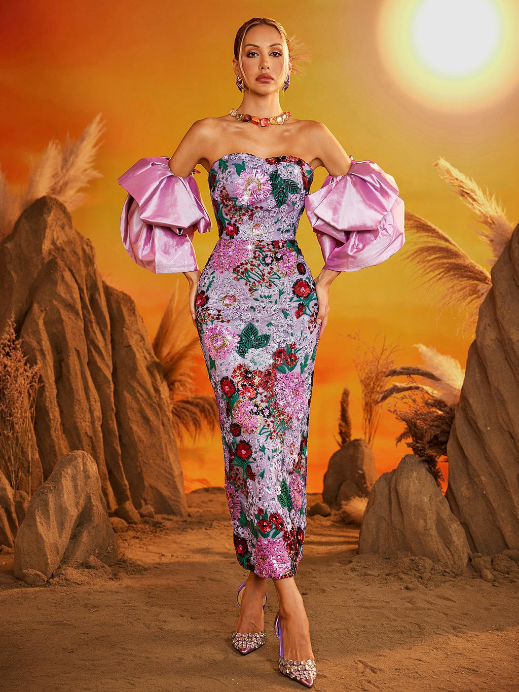Faelith Puff Sleeve Floral Midi Dress