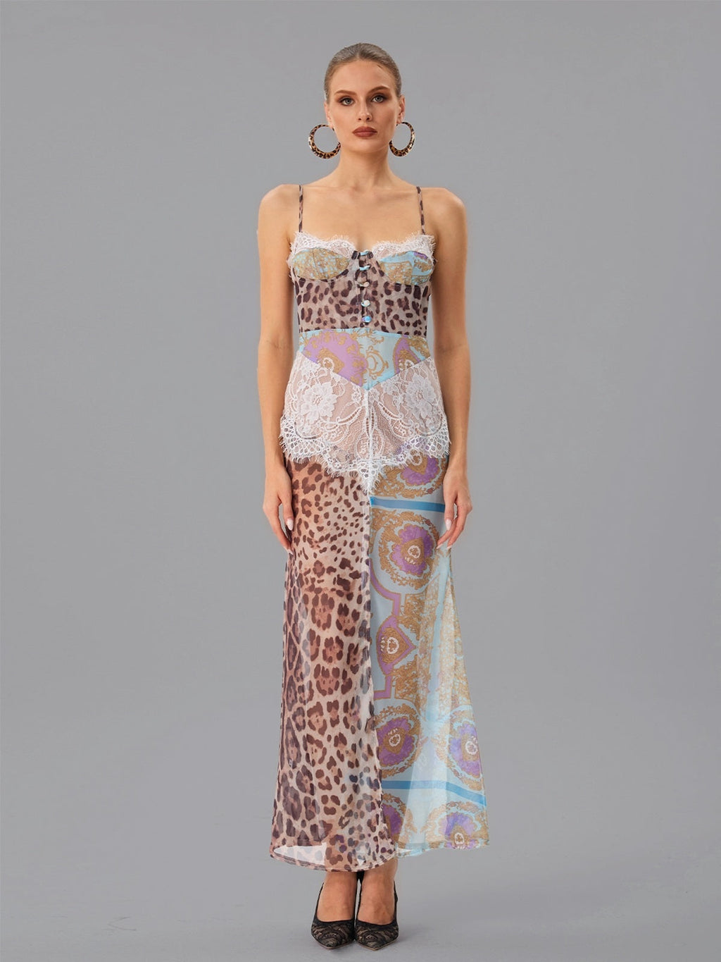 Farhod Spaghetti Leopard Lace Maxi Dress