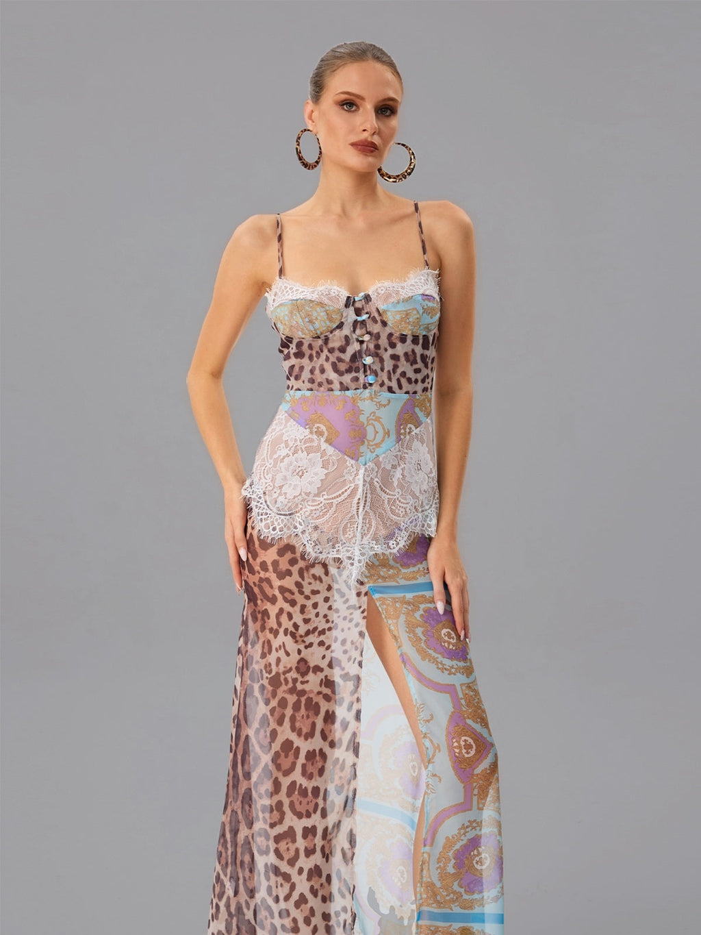 Farhod Spaghetti Leopard Lace Maxi Dress