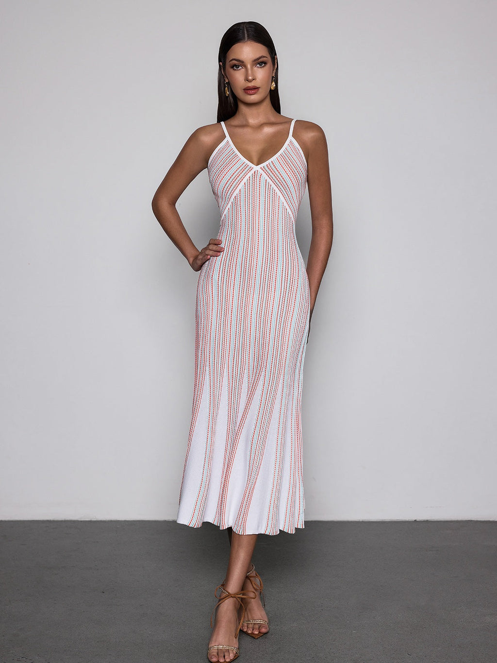 Favixor V Neck Stripe Knit Midi Dress