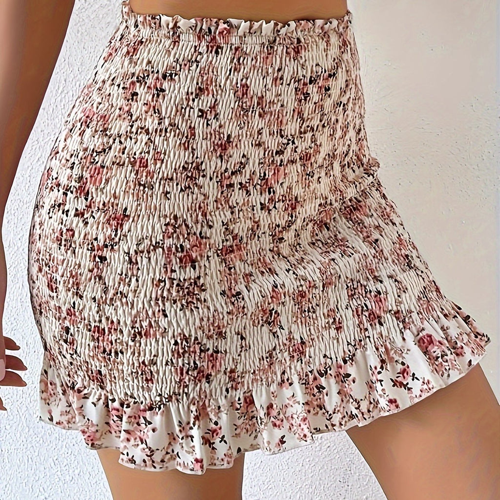 Printed Paper Bag Waist Drawstring Ruffled Hem Skirt