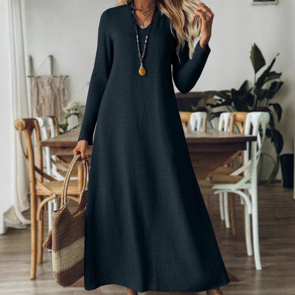 Loose Slim-fit Solid Color Long Sleeve Maxi Dress