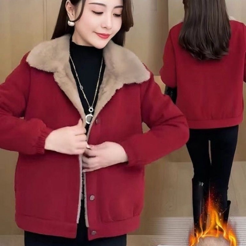 Corduroy Loose Fleece-lined Warm Jacket For Women