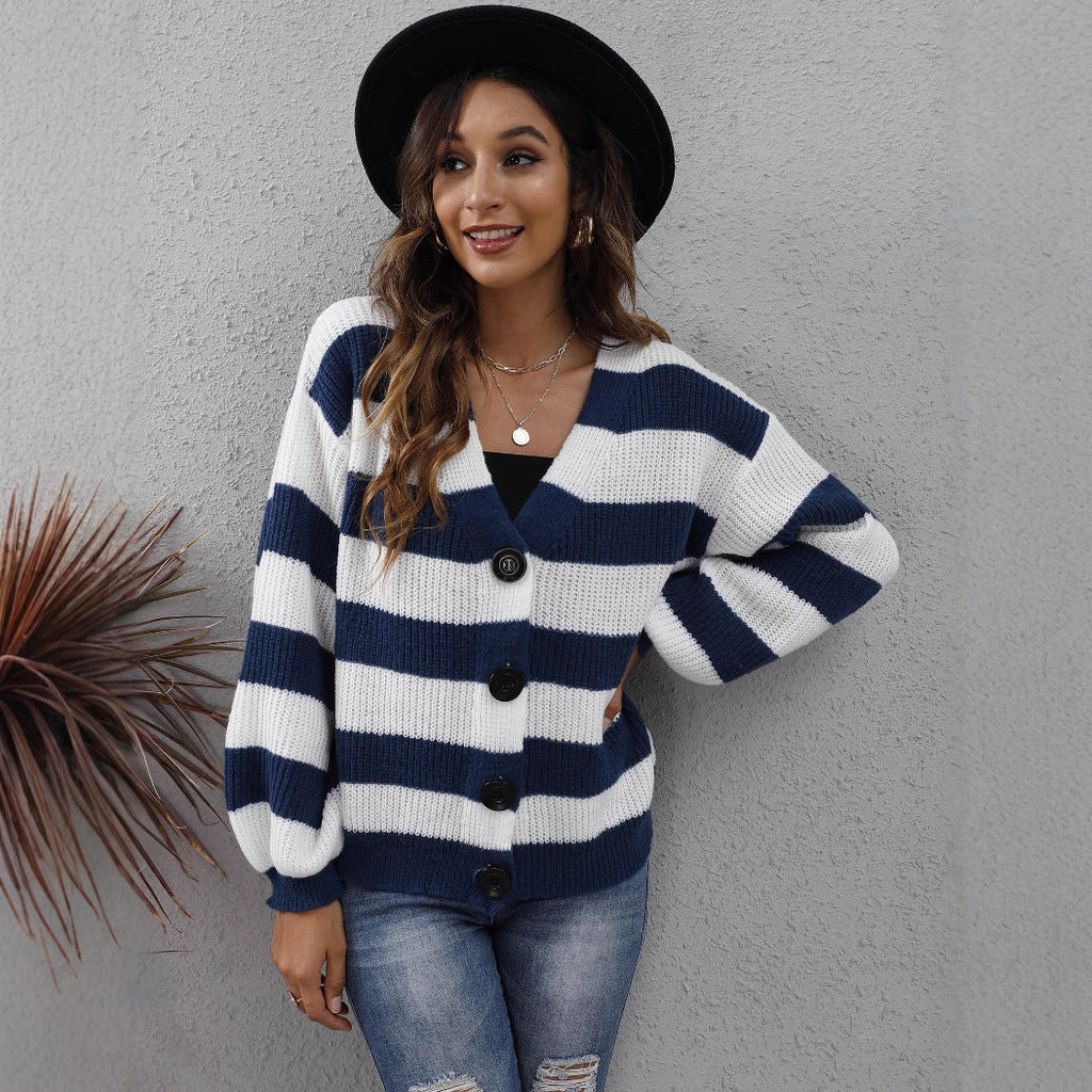 Women's Cardigan Striped Button Stitching Woven Sweater
