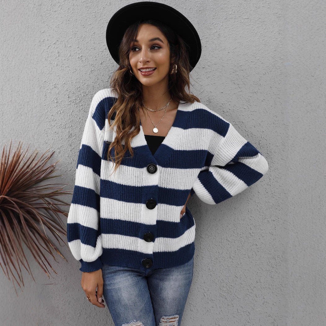 Women's Cardigan Striped Button Stitching Woven Sweater