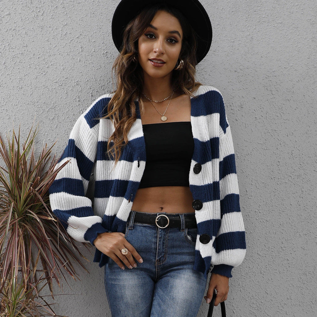 Women's Cardigan Striped Button Stitching Woven Sweater